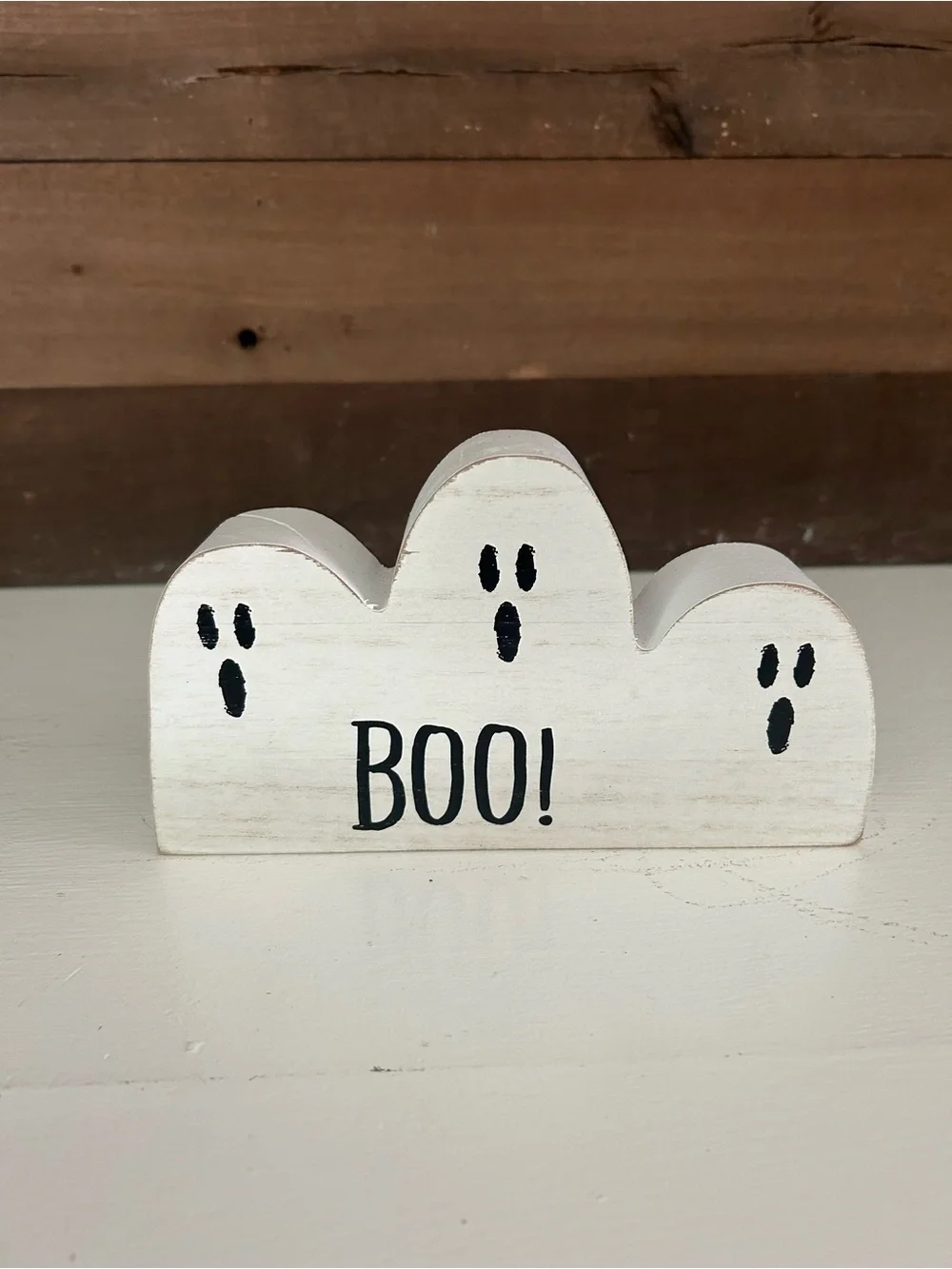 Wooden 'BOO!' Ghost Shelf Decor in White and Black